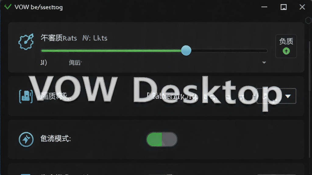 һ�� VOW Desktop ��������������дͼ�������������������ý����е����ܵ������򣬰���֡�ʻ��顢���ʵȼ������˵������ģʽ���صȿؼ�������Ϊ��ֱ���е��������б������Ϊ��ɫ��������ɫǿ���� UI ��ƣ�ϸ�ڰ���ÿ���������Աߵ�˵�����ֺ�Сͼ�꣬�����д������� 