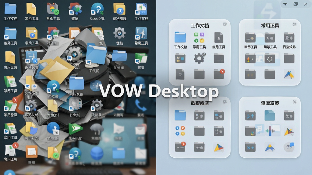 һ�� VOW Desktop ����ͼ������ǰ��ĶԱ�Ч��ͼ�������Ϊ���������֣�������������µ�����ͼ��ѵ����Ҳ��Ǿ��� VOW Desktop ����������棬ͼ�걻����������ڼ������б�ǩ�ķ�����ڣ����������͵�Բ�Ǳ߿�Ͱ�͸������������Ϊ���ҶԱ���ʽ�����Ϊ���¼��ı�ƽ����ƣ�ϸ�ڰ������������� 