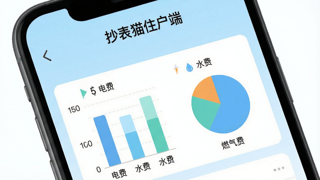 �ֻ���Ļ��д����ʾ������èס���ˡ����¶��˵�ҳ�棬ҳ��������״ͼ�ͱ�ͼ����ע����ѡ���ˮ�ѡ���ȼ���ѡ�����������Ϊǳ��ɫ���䣬��ƽ����Ʒ�񣬻���ɾ���������廭��
