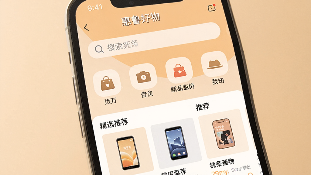 һ��չʾ�����ֻ���Ļ��ͼƬ����Ļ����ʾ�š���³���APP����ҳ���棬���沼�����������������������м�����Ʒ����ͼ�꣬�·��Ǿ�ѡ��Ʒ�Ƽ��б�����������͵�ůɫ��������ִ���Լ��ϸ�ھ��£������������ɾ��޶���Ԫ��