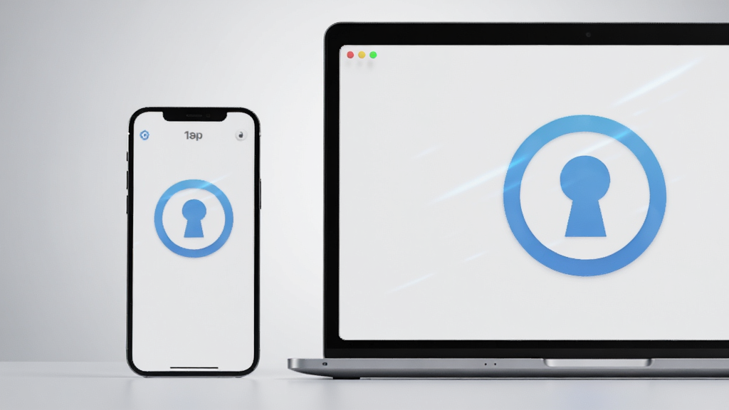 ����Ϊһ�������ֻ���һ̨�ʼǱ����Բ��Űڷţ���Ļ�϶���ʾ��1Password��������ɫԿ�׿ױ�־���棬���ֲ������ҶԳƵĹ�ͼ���Ű������죬���Ϊ�ִ��Ƽ���ʮ���3D��Ⱦ��ϸ������Ļ����΢�ķ����ʸУ���������͵�ǳ��ɫ���䣬����Ϊ4K�����壬�ɾ��޶���Ԫ�ء�