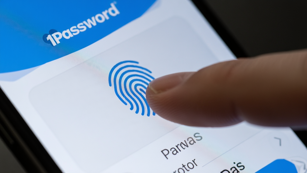 ������һֻ��ָ���ڴ����ֻ���Ļ�ϵ�ָ��ʶ��������Ļ��ʾ1Password�ĵ�¼���棬����Ϊ��д��ͷ���Ű�۽�����ָ����Ļ�Ľ��������Ϊдʵ��Ӱ���ϸ������Ļ��������ָ��ͼ�����ɫ���Σ�����Ϊ���壬�ɾ��޶���Ԫ�أ������д��С�1Password��������