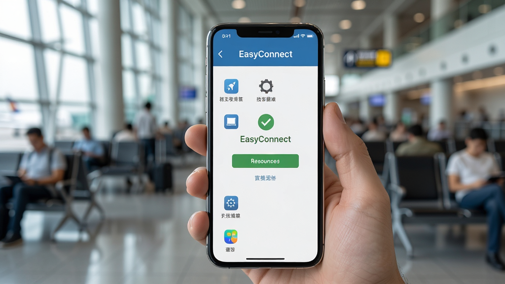 һ��չʾEasyConnect�ƶ���ʹ�ó�����ͼƬ�������������ֳ������ֻ�����Ļ����ʾEasyConnect��¼�ɹ������Դ�б����棬�����ǻ����������������Ϊ���湹ͼ���Ű�ͻ���ֻ���Ļ���ݣ����Ϊдʵ����磬ϸ�ڰ����ֻ��߿򷴹⡢�����黯����Ļ��ͼ������������Ϊ4K���塢�ɾ����޶���Ԫ��