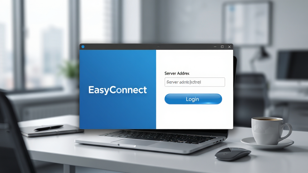 һ��չʾEasyConnect���������ȫ��ͼ������������������¼���ڣ����Ϊ��ɫƷ�Ʊ�ʶ���Ҳ�Ϊ��������ַ��������¼��ť���������ִ����칫�ҳ������������бʼǱ������뿧�ȱ������岼�ּ���������Ű���þ��й�ͼ�����Ϊдʵ����磬ϸ�ڰ���������Ӱ����ť�߹⡢�����黯������Ϊ4K���塢�ɾ����޶���Ԫ��