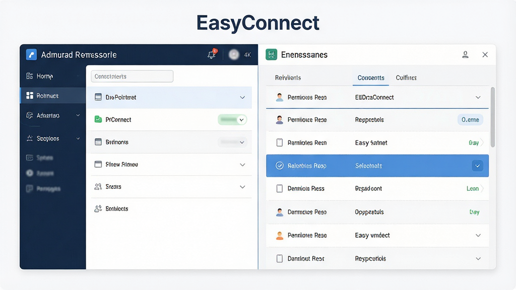 һ��չʾEasyConnectȨ�޹ܿع��ܵĽ���ʾ��ͼ�����������Ƿ������֣����Ϊ����ԱȨ��������壬�Ҳ�ΪԱ������Դ�б������ֲ������ҷ������Ű��������򣬷��Ϊ��Լ����磬ϸ�ڰ���ͼ����ɫ���б��ָ��ߡ�ѡ��״̬����������Ϊ4K���塢�ɾ����޶���Ԫ�أ������б�ע����