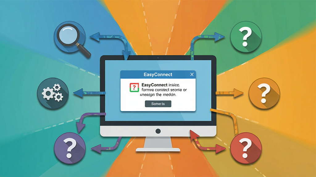 һ��չʾEasyConnect��¼�����Ų����̵�ʾ��ͼ�����������ǵ�����Ļ�ϵĴ�����ʾ��������Χ�����ŷŴ󾵡����֡��ʺŵ�ͼ�꣬����Ϊ���з���״���Ű�ͻ���Ų鲽�裬���Ϊ��ƽ����Ϣͼ��ϸ�ڰ���ͼ����Ӱ�������ߡ�ɫ�����֣�����Ϊ4K���塢�ɾ����޶���Ԫ��