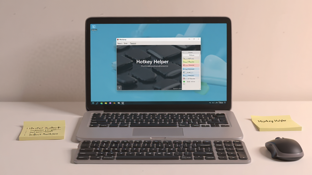 һ�ŵ������泡��ͼ��������һ̨�ʼǱ�������Ļ��ʾ Hotkey Helper �������н��棬�Ա߷��ü�������꣬�������б�ǩֽд�ſ�ݼ���ʾ�����������ͣ��������칫������ϸ�����������ʸ��壬�ɾ��޶���Ԫ�ء�