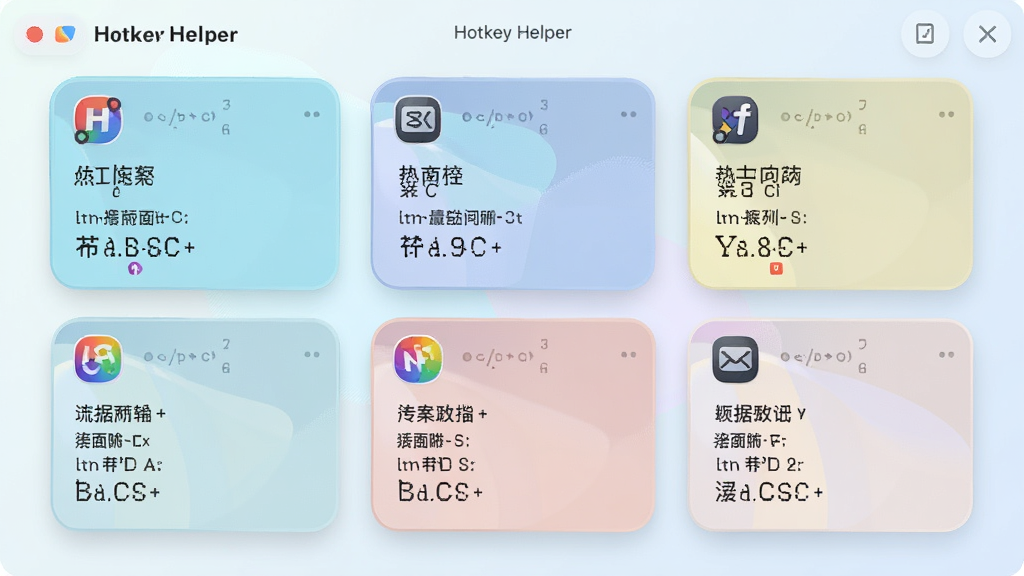 һ�� Hotkey Helper �ȼ�������������ͼ����������ʾ���������Ƭ��ÿ�ſ�Ƭ��������ͼ�����ݼ��б�����Ƭ����Բ����ƣ���ɫ��ͣ�����Ϊǳɫ���䣬���������¼�Լ��ϸ�����������ʸ��壬�ɾ��޶���Ԫ�ء�