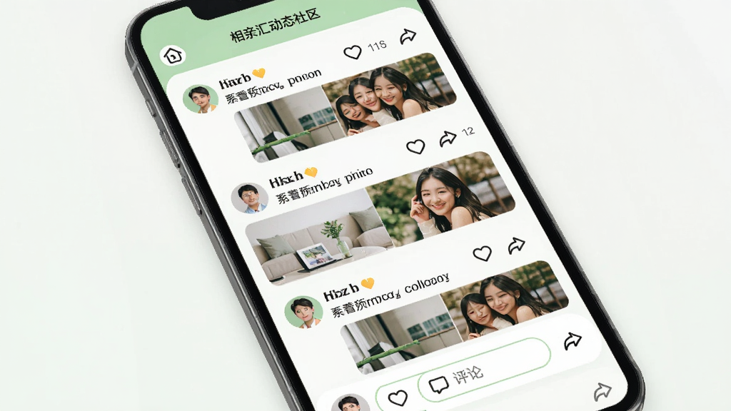 ���׻㶯̬�������棬����Ϊ�ֻ���Ļչʾ�û���̬��Ϣ�������ֲ����ٲ����Ű�ÿһ����̬����ͷ��������ͼƬ����������������ǳ�����ɫ���䣬ϸ�ڰ������ް�ť�����ۿ򡢷���ͼ�꣬���ʸ���ɾ��޶���Ԫ��