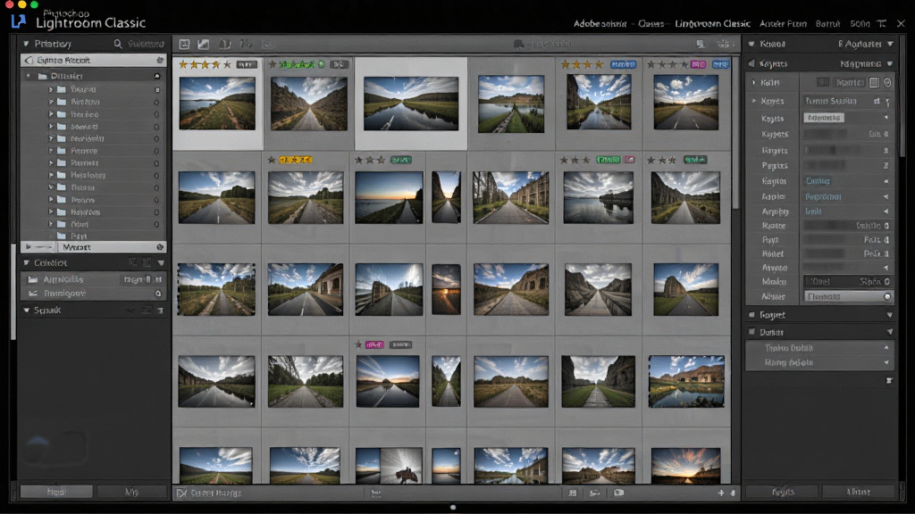 һ��չʾAdobe Photoshop Lightroom Classic��Ƭ�������ܵ�ͼƬ������Ϊ����ͼ��ģ����棬��������������״��Ƭ����ͼ�������Ŀ¼���ļ�����壬�Ҳ��ǹؼ��ֺ�Ԫ������壬�Ű��������򣬷��Ϊרҵ��Ӱ�����������ϸ�ڰ����Ǽ����֡���ɫ��ǩ���ؼ��ֱ�ǩ�����ʸ��壬����ɾ����޶���Ԫ��