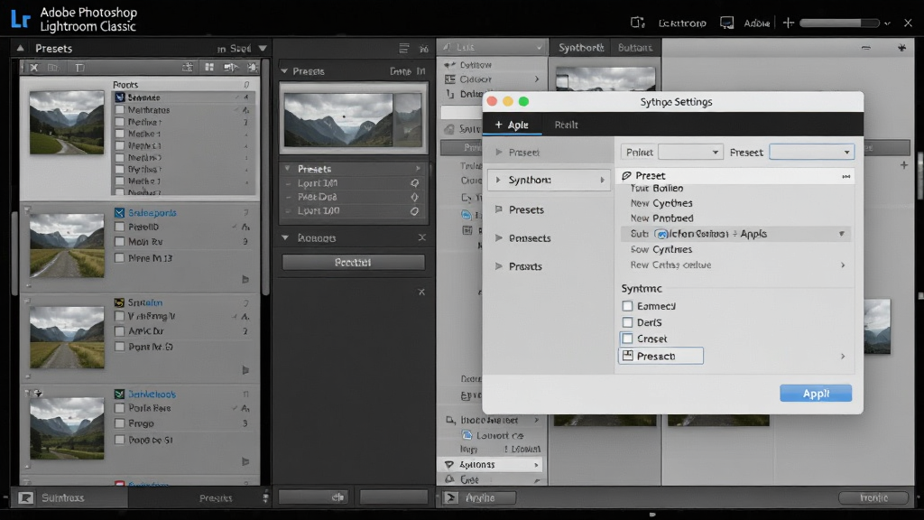 һ��չʾAdobe Photoshop Lightroom Classic����������Ԥ�蹦�ܵ�ͼƬ������Ϊ����������Ԥ������ͬ����ť�����������Ԥ���б����Ҳ���ͬ�����öԻ����Ű����������Ϊרҵ��Ӱ�����������ϸ�ڰ���Ԥ�����ơ�ͬ��ѡ�Ӧ�ð�ť�����ʸ��壬����ɾ����޶���Ԫ��