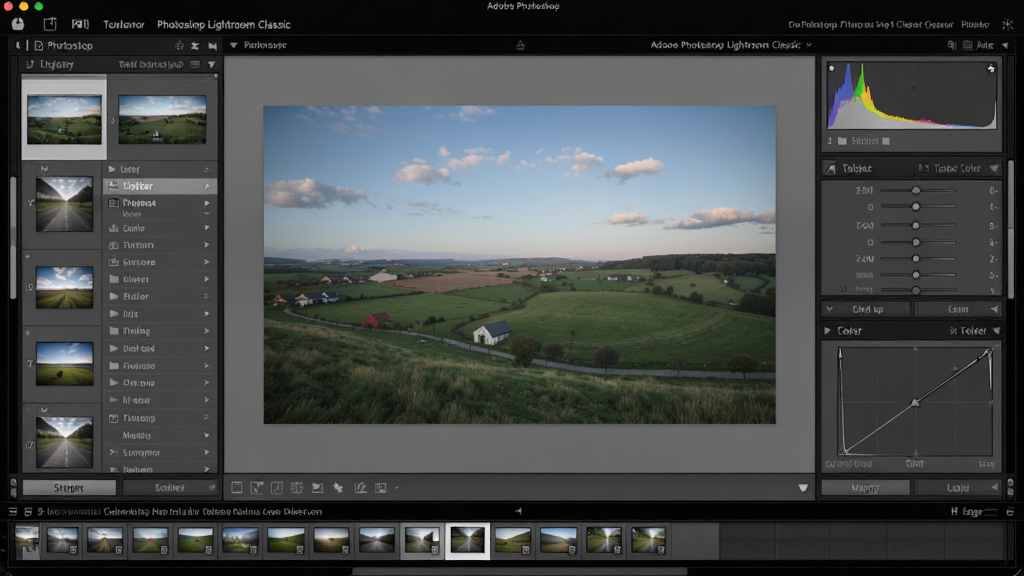 һ��չʾAdobe Photoshop Lightroom Classic���������ͼƬ������Ϊ��������������������������ƬԤ����ͼ�������ͼ��Ŀ¼��壬�Ҳ��Ǳ༭����������壬�ײ��ǽ�Ƭ���������Ű��������������Ϊ�ִ�רҵ����������ϸ�ڰ�����Ƭ����ͼ��ֱ��ͼ��ɫ��������壬���ʸ��壬����ɾ����޶���Ԫ��
