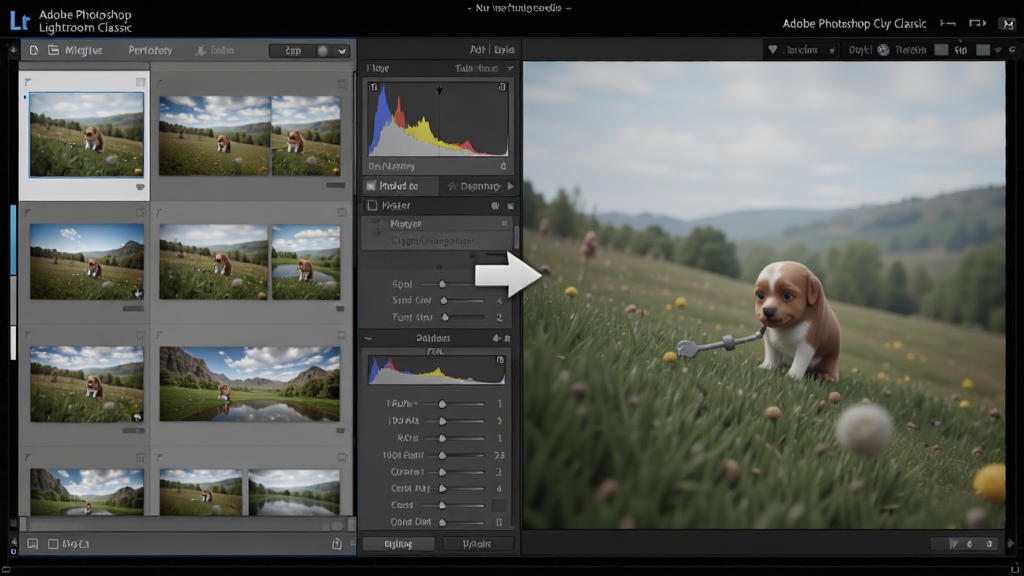 һ��չʾAdobe Photoshop Lightroom Classic���ƻ��Ա༭���ܵ�ͼƬ������Ϊ�����༭���棬���������ʾԭʼ��Ƭ����ͼ���Ҳ���ʾ�������Ч��Ԥ�����м��ü�ͷ���ӣ��Ű����ҶԱ����������Ϊרҵ��Ӱ�����������ϸ�ڰ�����ʷ��¼��塢�������顢ֱ��ͼ�����ʸ��壬����ɾ����޶���Ԫ��