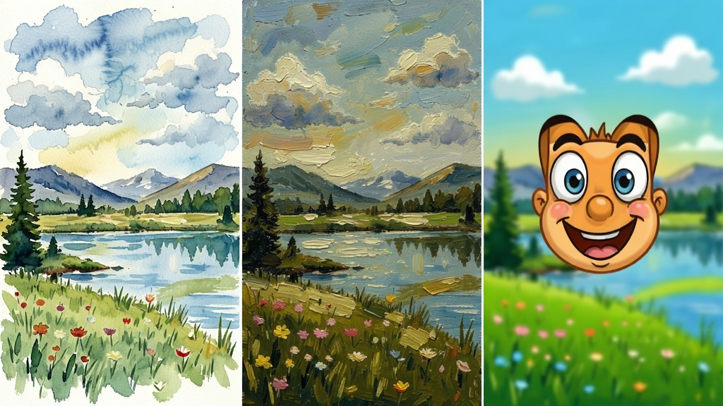 FotoSketcher������������˾�Ч��չʾ������Ϊͬһ�ŷ羰��Ƭ�ֱ����ˮ�ʡ��ͻ�����ͨ����Ч��������Ϊ���������У��Ű����룬���ΪдʵЧ��ͼ��ϸ�ڰ�����ͬ�ʴ���ɫ�ʷ�񣬻��ʸ��壬�ɾ����޶���Ԫ��