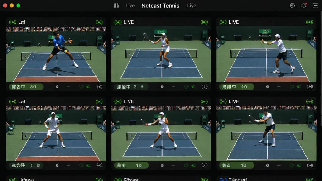 һ����ΪNetcast Tennis������ֱ������չʾ�������ֱ�����ڵĻ��棬�������ж����ͬ���������ֱ������ͼ��������Ļ�ϣ�ÿ��������ʾ��ͬ��Ա�ı�������ͱȷ֣�������Ϊ��ɫ�������ӫ���̵�׺������Ϊ����״���У�ϸ�ڰ���ֱ���ź�ͼ����������Ʊ�ǩ�����ʸ��壬�ɾ����޶���Ԫ��