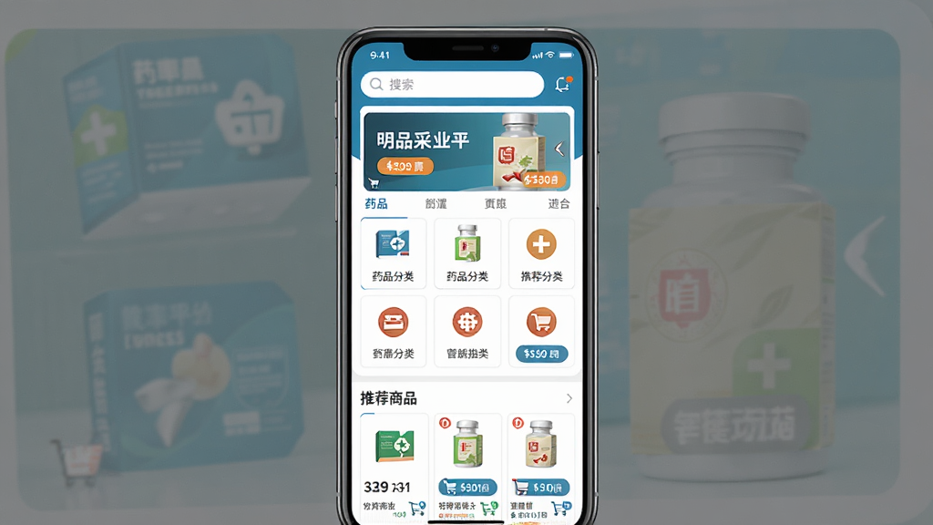 ����ҩҵAPP��ҳ����չʾ������Ϊһ�������ֻ�������ʾҩƷ�ɹ�ƽ̨��ҳ�������Ϸ�Ϊ���������ֲ�����������в�ΪҩƷ����ͼ�������·�Ϊ�Ƽ���Ʒ�б����Ű��������������Ϊ�ִ���Լ����磬ϸ�ڰ���ҩ��ͼ�ꡢ�۸��ǩ�����ﳵ��ť��Ԫ�أ����ʸ��壬����ɾ����޶���Ԫ��