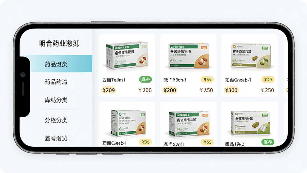 ����ҩҵҩƷ�������ҳ�棬����Ϊ�ֻ���ĻչʾҩƷ�����б����������Ϊ���ർ�����Ҳ�ΪҩƷ����ͼ�����Ű��������򣬷��Ϊ��ˬǳɫϵ��ϸ�ڰ���ҩ�а�װ���۸��ǩ�����״̬��ʶ�����ʸ��壬����ɾ����޶���Ԫ��