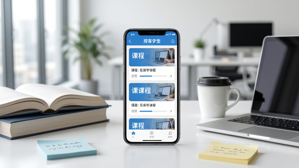 һ��չ����ҵ�ƶ�ѧϰ������ͼƬ������������һ�������ֻ�����Ļ����ʾ�ڿ�ѧ��App�Ŀγ��б����棬�ֻ���Χ�������鼮���ʼǱ����ԡ����ȱ��ͱ�ǩֽ���������������ִ��칫�һ��������岼�ֲ������Ĺ�ͼ�����������ϸ�ڰ����ֻ���Ļ�ϵĿγ̿�Ƭ�ͽ����������������ɾ����޶���Ԫ��
