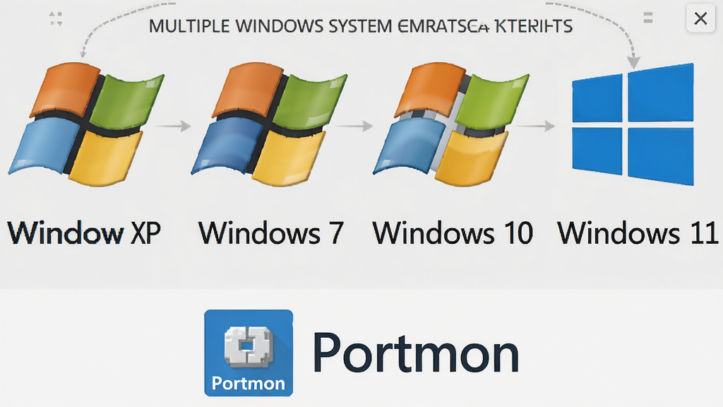һ�Ŷ�汾Windowsϵͳ������ʾ��ͼ��������չʾWindows XP��Windows 7��Windows 10��Windows 11�ĸ�ϵͳͼ�겢�����У��·���Portmon����ͼ��͡�Portmon�����֣�������Ϊ��ƽ����ƣ��Ű����룬���������ɾ�