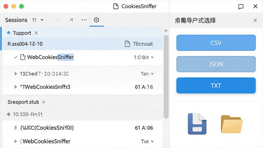 һ��չʾWebCookiesSniffer�Ự�����뵼�����ܵ�ʾ��ͼ�����������������Ϊ���������֣�����ǻỰ�б���ʱ����飬�Ҳ��ǵ�����ʽѡ����壬��CSV��JSON��TXT����ѡ�ť�������·����ļ�����ͼ����ļ���ͼ�꣬���岼��Ϊ���ҷ����Ű棬���Ϊ����ǳɫ���ϸ�ڰ����Ự��Ŀ�ϵ�ʱ�����������ť�ĸ���Ч���������������ɾ����޶���Ԫ��