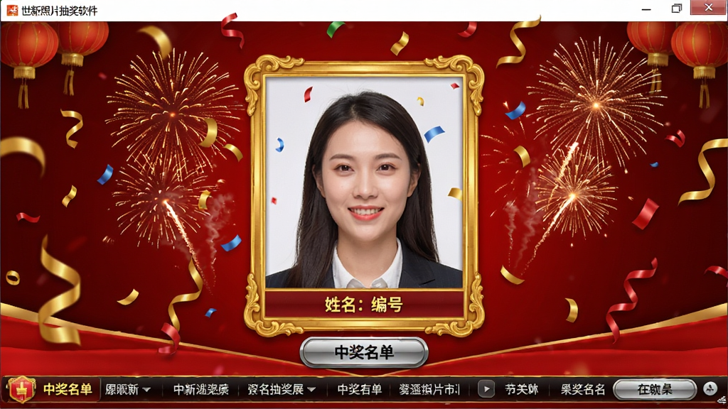 ������Ƭ�齱�����齱���չʾ���棬����Ϊ����ȫ�����棬������ʾһ�ŷŴ���н�����Ƭ����Ƭ��Χ�н�ɫ�߿�Ͳʴ�Ʈ��Ч�����ײ����н�����������������ͻ������������Ϊϲ���ɫ���ɫ���䣬ϸ�ڰ�����Ƭ�·���ʾ�������š��������̻����Ŷ�������ť���н����ʸУ����ʸ��壬�ɾ����࣬�޶���Ԫ��