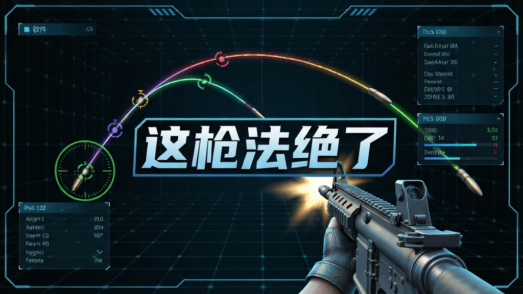 一张展示智能弹道模拟界面的图片,画面中有一把虚拟步枪正在射击,子弹轨迹以彩色线条显示,背景是科技感网格,画面中央有“这枪法绝了”软件Logo,布局为横向展示,风格为未来科技风,细节包括弹道曲线、命中点标记、参数面板,画质清晰,干净,无多余元素