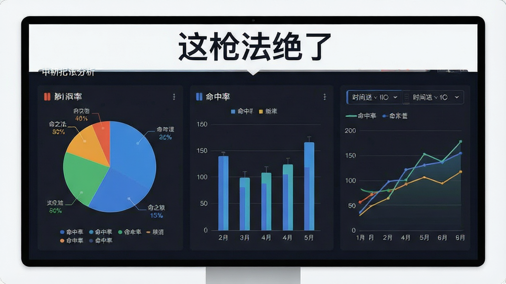 一张展示数据统计与分析界面的图片,画面中有饼状图、柱状图和折线图展示命中率等数据,顶部有“这枪法绝了”标题,布局为仪表盘样式,风格为商务简约,细节包括数据标签、图例、时间筛选器,画质高清,干净,无多余元素