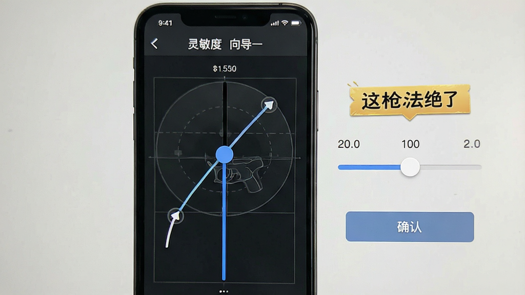 一张展示灵敏度调校向导界面的图片,画面中有一部手机正在显示滑动测试轨迹,旁边有数值调节滑块和“这枪法绝了”标识,布局为上下结构,风格为简洁工具风,细节包括轨迹线条、数值显示、确认按钮,画质清晰,干净,无多余元素