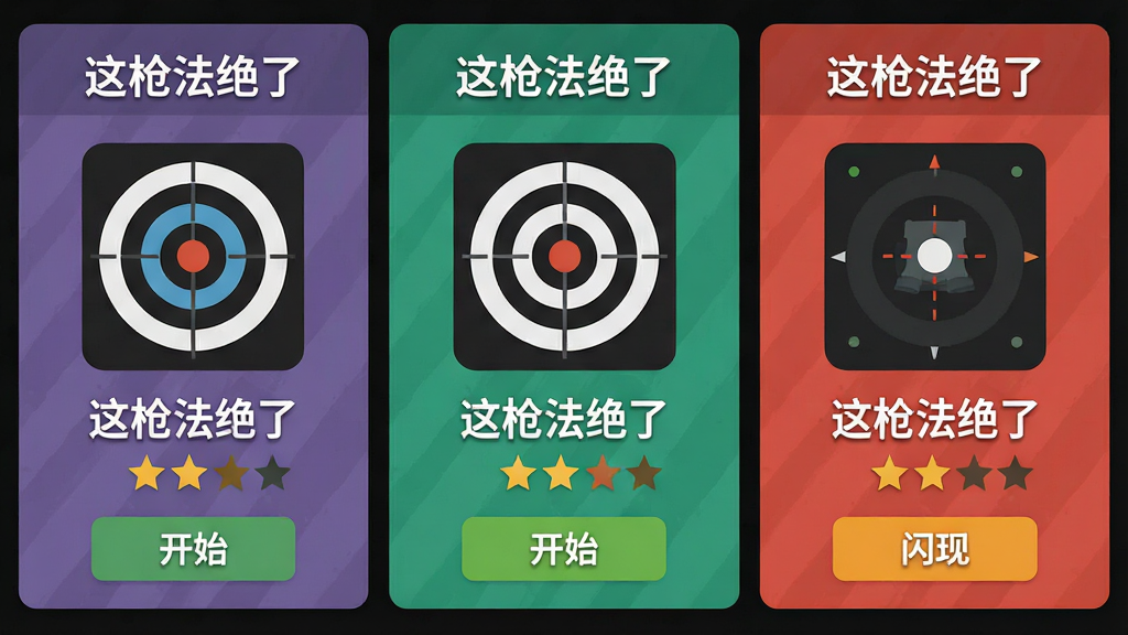 一张展示多模式训练选择界面的图片,画面中分为三个区域分别显示静态靶、移动靶和闪现靶的图标,每个区域有“这枪法绝了”字样,布局为三列并排,风格为扁平化设计,细节包括靶标图形、难度星级、开始按钮,画质高清,干净,无多余元素