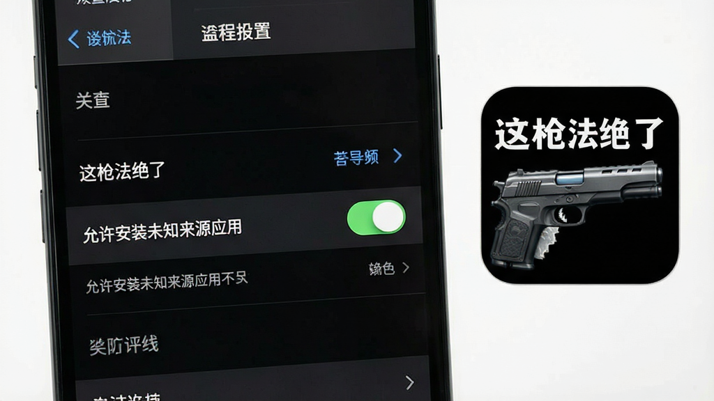 一张展示手机权限设置界面的图片,画面中显示“允许安装未知来源应用”的开关按钮,旁边有“这枪法绝了”图标,布局为手机屏幕截图样式,风格为教程指引,细节包括设置菜单、开关状态、提示文字,画质清晰,干净,无多余元素