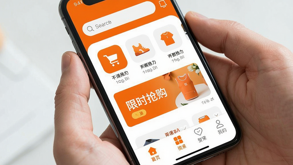 һ���ֻ���Ļչʾ����APP��ҳ��ͼƬ�����������Ǽ��Ĺ�����棬���������������м�����Ʒ����ͼ�����ʱ����������ײ��е����˵�������ɫ���Գ�ɫ�Ͱ�ɫΪ��������������죬ϸ�����������ʸɾ����޶���Ԫ��