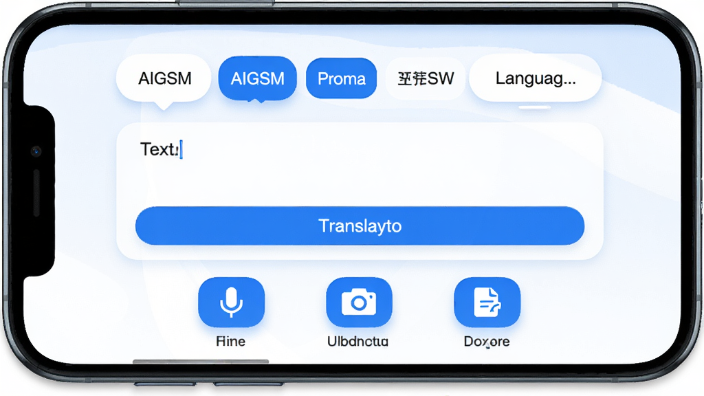 AIGSM���ܷ�������������չʾ������Ϊһ�������ֻ�����Ļ��ʾAIGSMӦ����ҳ�������Ϸ�Ϊ����ѡ������Ӣ���룬�м�Ϊ�ı������ͷ��밴ť���·�Ϊ����ͼ��������������ա��ĵ����룬�Ű�������������ִ��Ƽ��У�ϸ�ڰ���������ɫ��Բ��ͼ�ꡢ�����Ӱ�����ʸ���ɾ��޶���Ԫ��