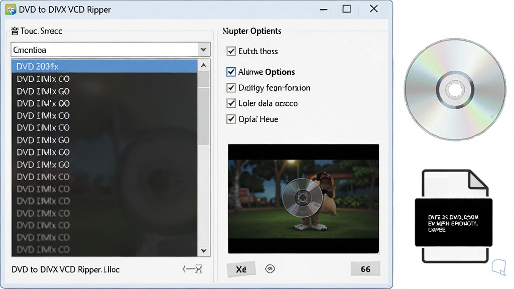 һ��չʾ DVD to DIVX VCD Ripper ��Ļ���������ý����ͼƬ������������������ʾ����ѡ���б�����Ļѡ��Ա��� DVD ���̺���Ļ�ļ�ͼ�꣬���Ϊ�������������ϸ�ڰ��������˵�����ѡ��Ԥ�����ڣ������������ɾ����޶���Ԫ��