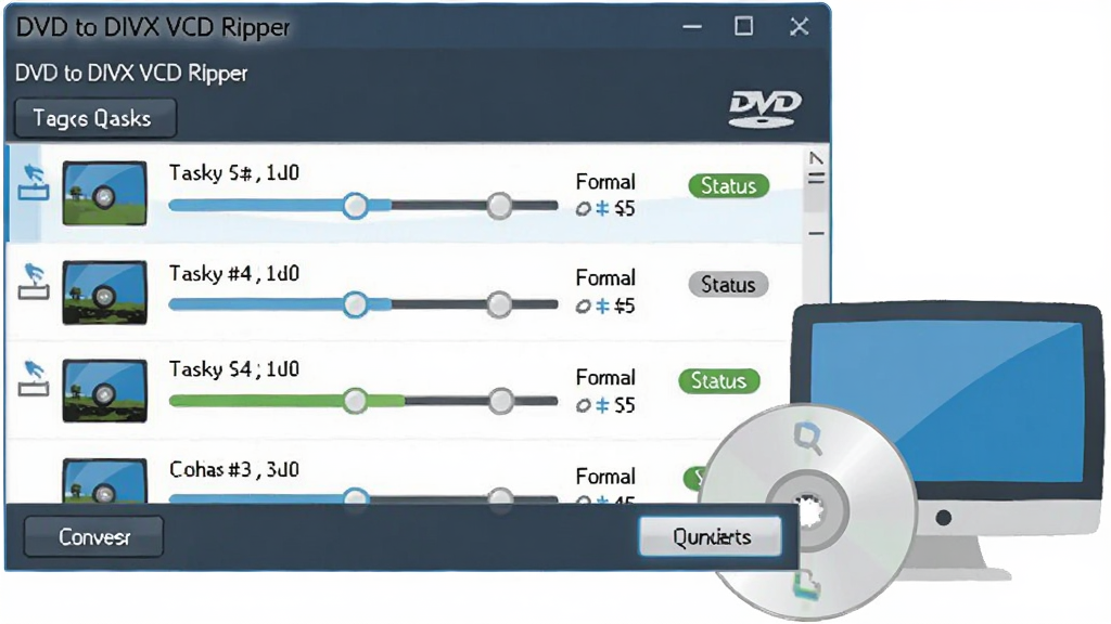 һ��չʾ DVD to DIVX VCD Ripper ����ת�����ܵ�ͼƬ������������������ʾ�����Ƶ�����б���ÿ��������н�������״̬��ʶ���Ա��� DVD ���̺͵���ͼ�꣬���Ϊ�Ƽ��б�ƽ�廭��ϸ�ڰ���������С���ʽ��ǩ��ת����ť�������������ɾ����޶���Ԫ��