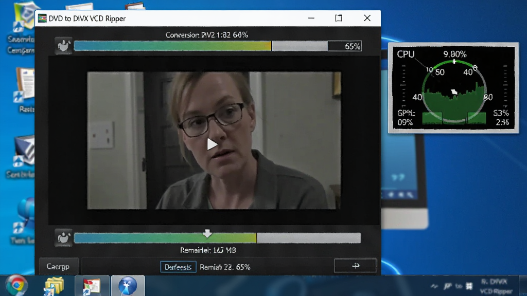 һ��չʾ DVD to DIVX VCD Ripper �ڵ��Զ�����״̬��ͼƬ����������������ת����Ƶ����������ʾ 65%���Ա��� CPU ռ���ʼ��С���ڣ�����������ĵ������棬���Ϊдʵ������ͼ��ϸ�ڰ���ת�����ȡ�ʣ��ʱ�䡢�����ʽ��ǩ�������������ɾ����޶���Ԫ��