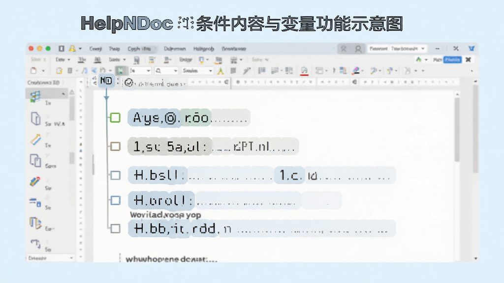 HelpNDoc�����������������ʾ��ͼ������Ϊ�ĵ��༭�����е�������ǣ�����Ϊ������д��ͼ���Ű�Ϊ����˵����񣬷��Ϊ����ǳɫ��ϸ��Ϊ������ǩ�ͱ���ռλ������չʾ�����ʸ��壬�ɾ����޶���Ԫ��