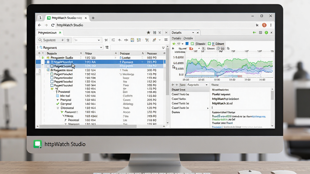 HttpWatch Studio��������ʾ��ͼ������Ϊ������Ļ��ʾ�������ץ����壬����Ϊ���ҷ����ṹ���Ű�չʾ�����б����������򣬷��Ϊдʵ�칫������ϸ�ڰ������ָ�롢����ѡ�е������С�ʱ����ͼ�������ʸ���ɾ��޶���Ԫ�ء�