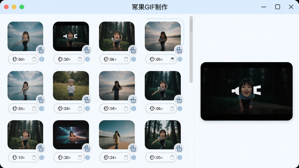 ͼƬ�ϳ�GIF���ܽ��棬�����������Ŷ���ͼƬ����ͼ��ÿ��ͼƬ�·����������ÿ��Ҳ�Ϊ�ϳɺ�Ķ�ͼԤ�����������ơ��ݹ�GIF��������ʾ�ڶ��������Ϊ����ǳɫϵ��ϸ���ϴ���Բ������ͼ����ק����ͼ�꣬�����������������룬�޶���Ԫ�ء�