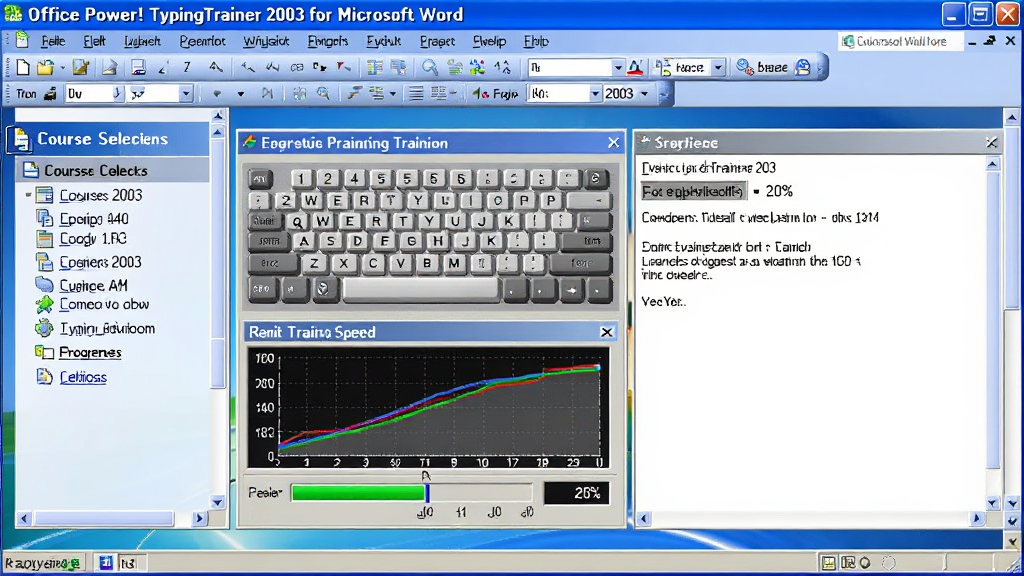 һ��չʾOffice Power! TypingTrainer 2003 for Microsoft Word�����������ϸ��ͼ�����������Ǿ����Microsoft Word 2003��񴰿ڣ�������Ƕ�д���ѵ����壬��ʾ�ż��̲���ͼ��ʵʱ�����ٶ����ߣ����ֲ������ҷ��������Ϊ�γ�ѡ��˵����Ҳ�Ϊ��ϰ�ı������Ű�������գ����Ϊ����Windows XP��������磬ϸ�ڰ���������ͼ�ꡢ��������׼ȷ�ʰٷֱ����֣������������ɾ����޶���Ԫ�ء�