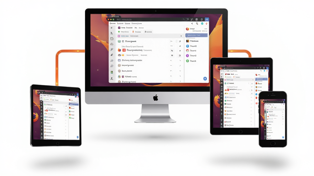 һ��չʾFirefox ��׼����豸ͬ�����ܵ�AI��ͼ��������������ͬ�ߴ����Ļ�����ԡ�ƽ�塢�ֻ��������ڿ��У���Ļ֮���ɷ���ĳ�ɫ���������ӣ���Ļ����ʾ��ͬ��Firefox ��׼����ǩ���档����ΪƷ�������У��Ű���С����Ϊ����Ƽ��У�ϸ�ڰ�����͵�ͶӰ������4K���ɾ����޶���Ԫ�ء�