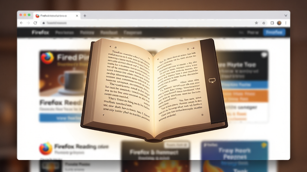 һ��չʾFirefox ��׼���Ķ�ģʽ��AI��ͼ��������һ������ĵ���������������������Ϸ�����ҳ����ʾ���������ֶ��䣬������ģ������ҳ���Ԫ�ر����˵�������Ϊ���½ṹ���Ű�ͻ���鱾�����Ϊ������ůɫ����ϸ�ڰ�����͵��Ķ��ƹ⣬����4K���ɾ����޶���Ԫ�ء�