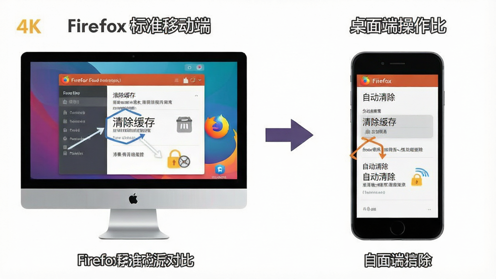 һ��չʾFirefox ��׼���ƶ���������˲����Աȵ�ʾ��ͼ�������������ʾ������Ļ���Ҳ���ʾ�ֻ���Ļ����Ļ�Ϸֱ��ע�š�������桱�͡��Զ�����������ý��档����Ϊ���ҶԱȣ��Ű����������Ϊ��ƽ��UI���ͼ��ϸ�ڰ�����ͷָ��������4K���ɾ����޶���Ԫ�ء�