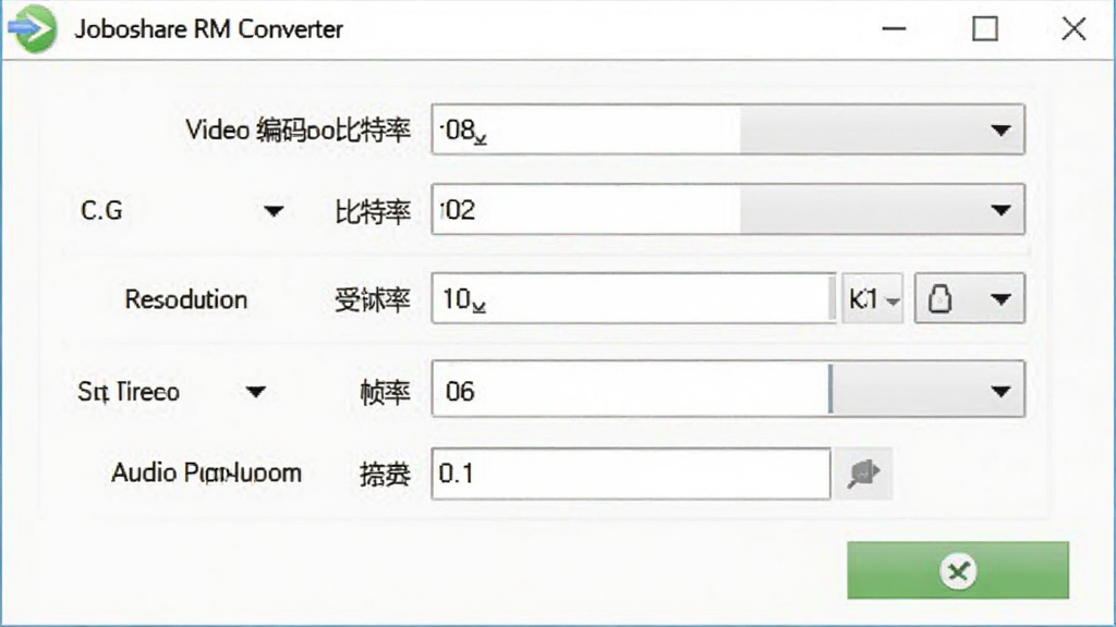 �������ơ�Joboshare RM Converter��λ�ڻ������룬����Ϊ�����������������д�����ֲ����������У�չʾ��Ƶ�������������ʡ��ֱ��ʡ�֡�ʡ���Ƶ������ѡ�ÿ��ѡ�����������˵�������򡣷��Ϊ����UI��ͼ���ϸ�ڰ���������ǩ����ֵ��ȷ�ϰ�ť�����ʸ��壬����ɾ����޶���Ԫ�ء�