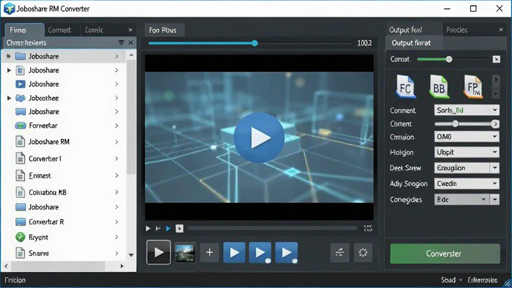 �������ơ�Joboshare RM Converter��λ�ڻ������룬����Ϊ���������洰�ڣ����ֲ��þ�������ʽ��ƣ����Ϊ�ļ��б������м�Ϊ��ƵԤ�����ڣ��Ҳ�Ϊ�����ʽ�����������壬�Ű��������������Ϊ�ִ��Ƽ���UI���棬ϸ�ڰ�������������ʽͼ�ꡢת����ť��Ԫ�أ����ʸ��壬����ɾ����޶���Ԫ�ء�