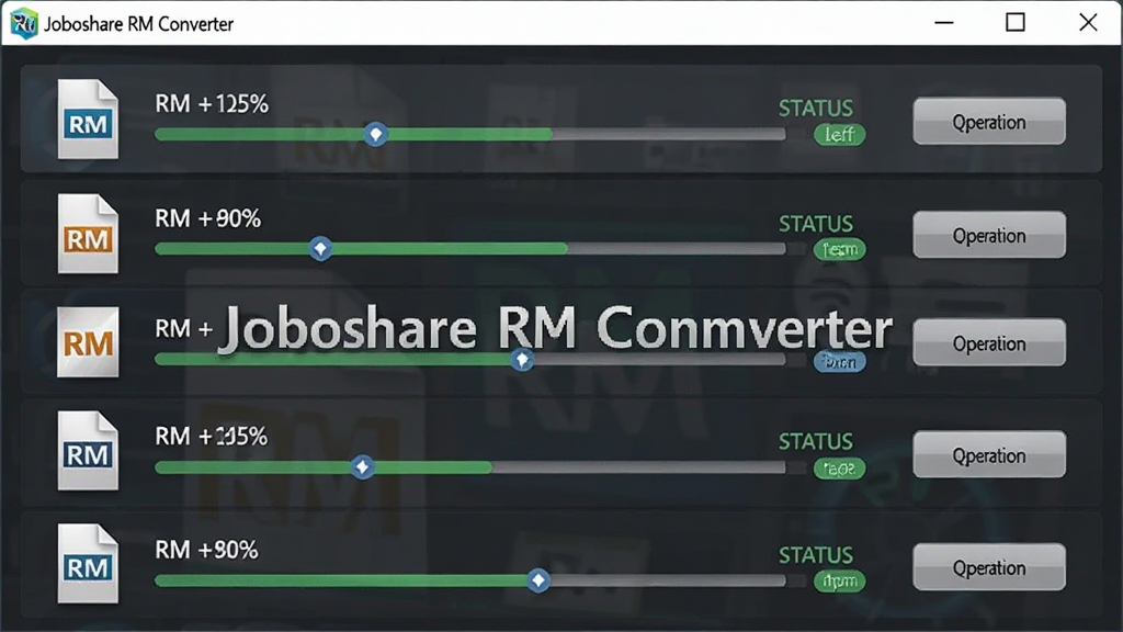 �������ơ�Joboshare RM Converter��λ�ڻ������룬����Ϊ����ת�����н����ͼ��񣬲��ֲ��������б����У�չʾ���RM�ļ������Ŷ�ת����ÿ���ļ����н�������״̬��ǩ�����Ϊ�ִ�����������չʾ��ϸ�ڰ����ļ�ͼ�ꡢ���Ȱٷֱȡ�������ť�����ʸ��壬����ɾ����޶���Ԫ�ء�
