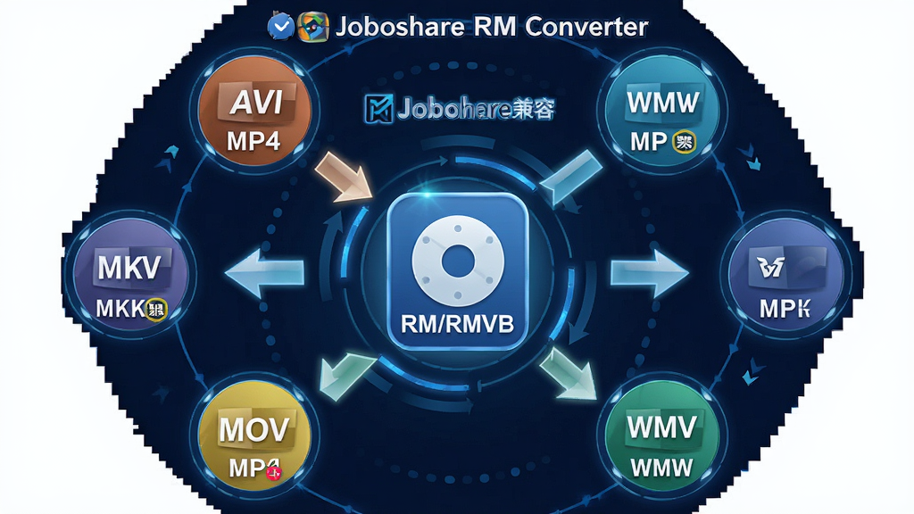 �������ơ�Joboshare RM Converter��λ�ڻ������룬����Ϊ������ʽ����ʾ��ͼ�����ֲ��û���ͼ�����У�����ΪRM/RMVB��ʽͼ�꣬���ܻ���AVI��MP4��WMV��MOV��MKV��Ŀ���ʽͼ�꣬��ͷ������ָ�����ܱ�ʾת�����򡣷��Ϊ��ƽ���Ƽ��廭��ϸ�ڰ�����ʽ��ǩ�������ͷ����Ч��׺�����ʸ��壬����ɾ����޶���Ԫ�ء�