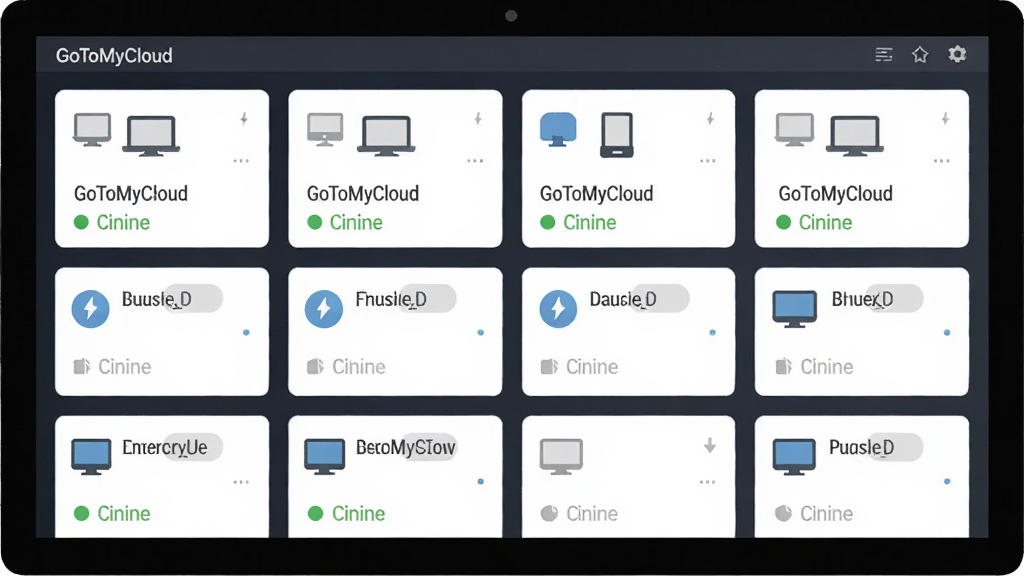 GoToMyCloud���ض˶��豸�������棬����Ϊ������Ļ��ʾ����豸��Ƭ���У�����Ϊ����״�豸�б���ÿ����Ƭ��ʾ�豸���ƺ�����״̬���Ű��������򣬷��Ϊ��Լ�����ƽ����ϸ�ڰ�����ɫ����Բ�㡢��ɫ���߱�ʶ���豸ͼ�꣬���ʸ��壬�ɾ����޶���Ԫ��