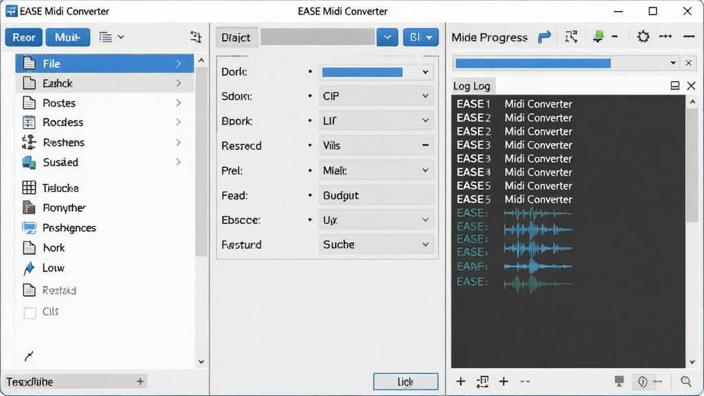 EASE Midi Converter ��������ȫòչʾ������Ϊ���������ھ��з��ã����ֲ��þ�������ʽ��ƣ����Ϊ�ļ��б������в�Ϊ��ʽ����������壬�Ҳ�Ϊת����������־��ʾ�����Ű��������������Ϊ�ִ���Լ�Ƽ��磬ϸ�ڰ�����ɫ������ť����ɫ�ָ��ߡ���ʽͼ���벨��ʾ��Ԫ�أ����ʸ��壬�ɾ����޶���Ԫ��