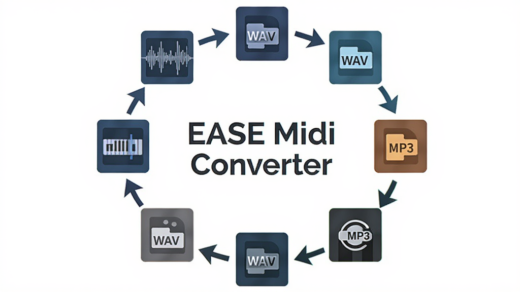 EASE Midi Converter ���ʽת������չʾͼ������Ϊ�����Ƶ��ʽͼ��Χ�������������У����ֲ������ķ���״��ͼ���Ű���ͼ�����ͷ�γ�ѭ��ת����ϵ�����Ϊ��ƽ���Ƽ��廭�磬ϸ�ڰ��� MIDI ���Ρ�WAV ͼ�ꡢMP3 ͼ�ꡢת����ͷ���ţ����ʸ��壬�ɾ����޶���Ԫ��