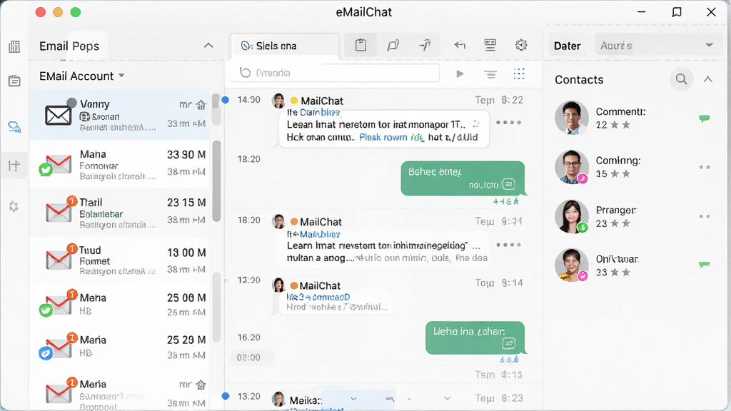 һ��չʾeMailChat�����������ͼƬ�������������������ڣ����Ϊ�����˻��б����м�Ϊ�ʼ�������Ի����ʱ���ߣ��Ҳ�Ϊ��ϵ����壬���岼������������Լ����ϸ�ڰ����ʼ�ͼ�ꡢ�������ݡ�δ����ǣ������������ɾ����޶���Ԫ��